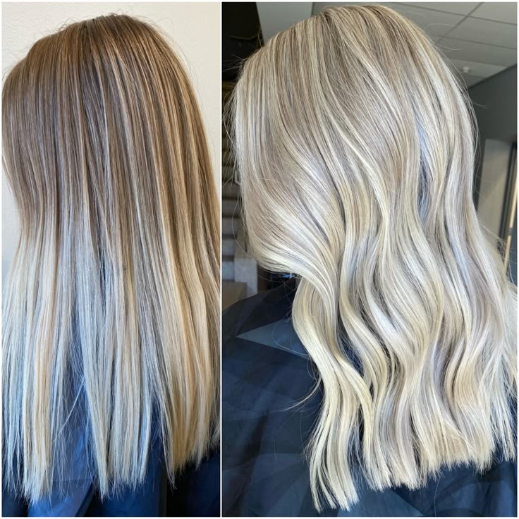 Before and after blonde highlights showing the transformation using babylights and heavy blonding techniques.